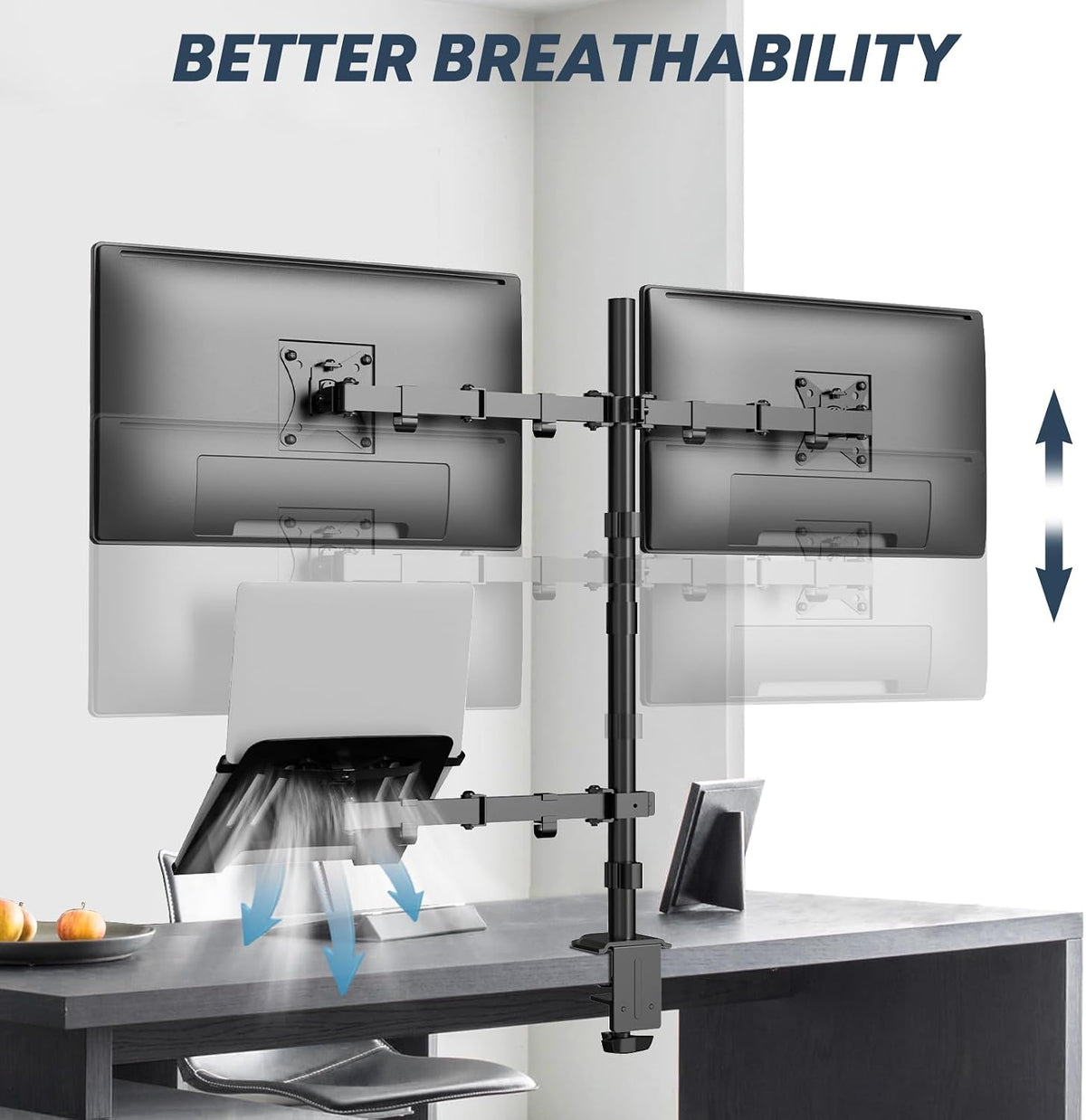dual monitor stand and laptop mount, fits 32", front angle view