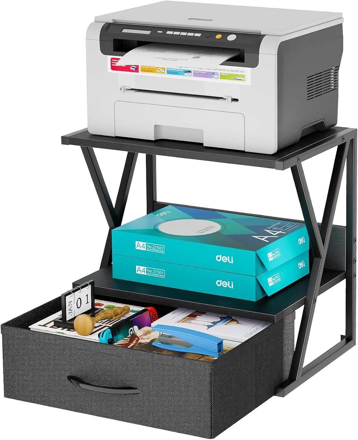 aboxoo Printer Stand for Desk with Storage Drawer, 2 Tier Desktop Or Under De...
