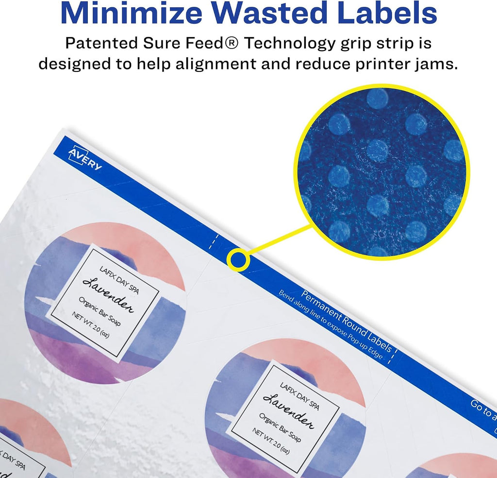 Avery® Printable Round Labels, Sure Feed® Technology, 2" Diameter, Matte White, Laser & Inkjet Compatible, 300 Blank Labels Total, Great for Branding, Packaging, Events, and More (22877)