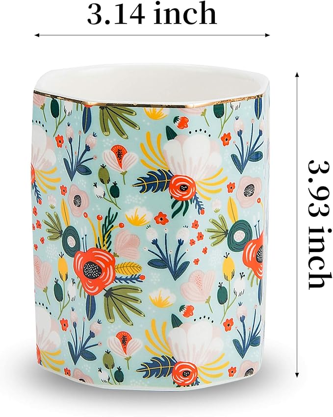 Jwest Pen Holder, Makeup Brush Holder Ceramic Shiny Gold Floral Pattern Pencil - Image 8