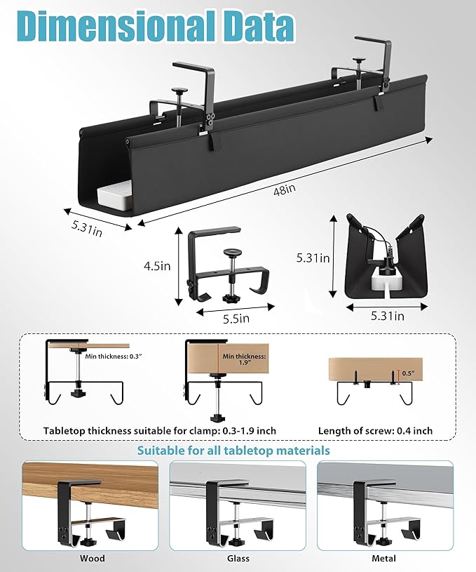 Oxford Cloth Under Desk Cable Management Tray, No-Drill 48" Desk Cable - Image 4