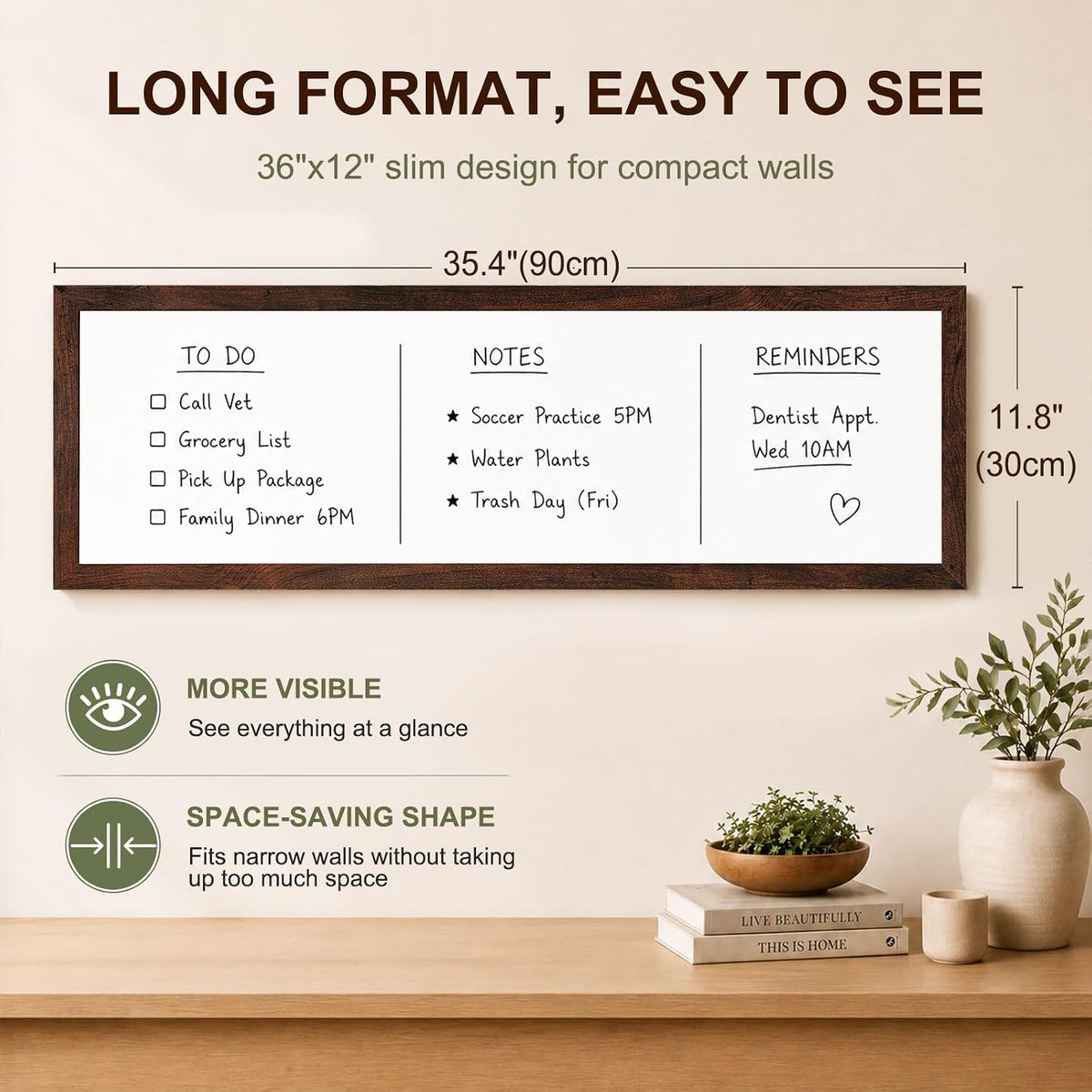 Long White Board, 36" x 12" Magnetic Dry Erase Board, Brown
