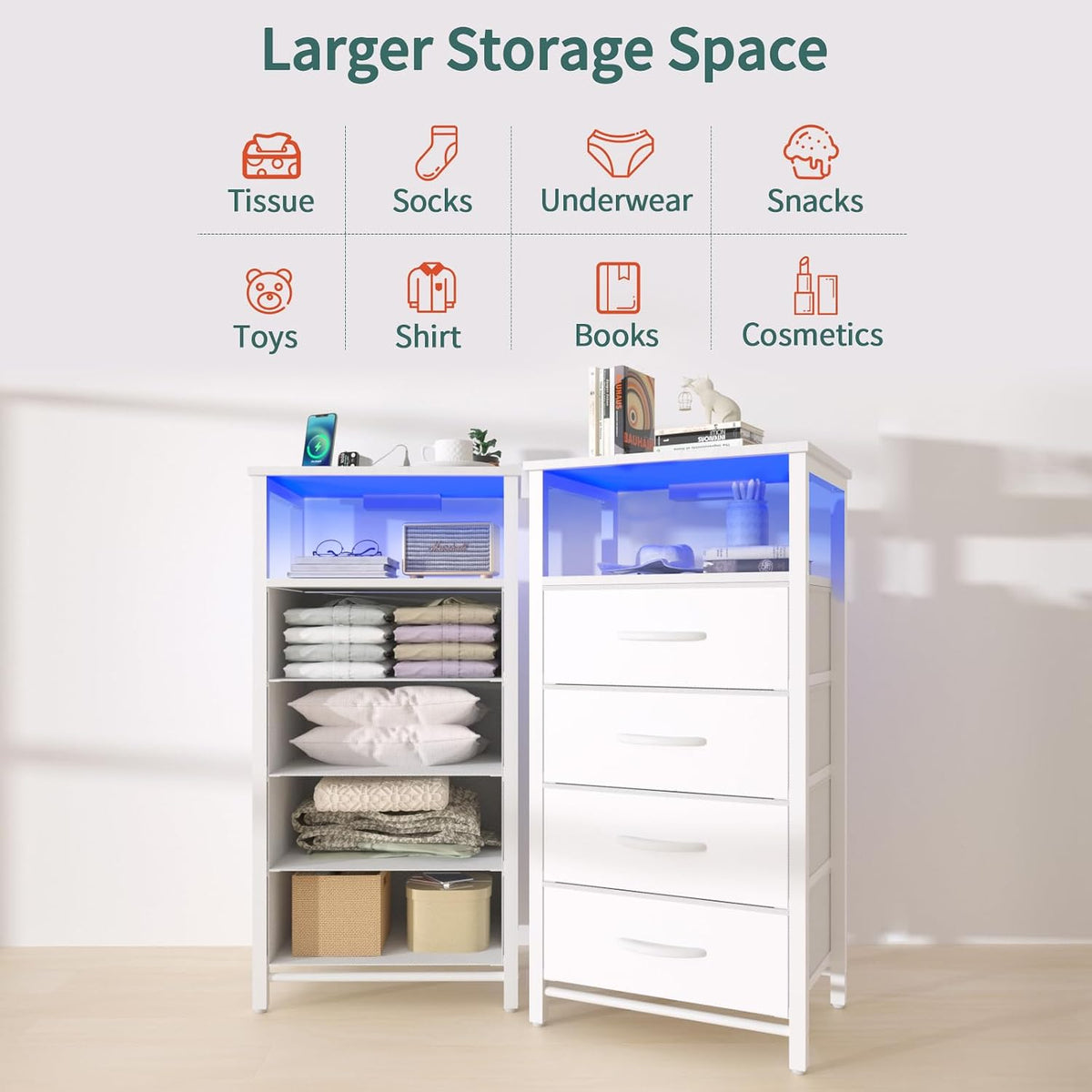 Yoobure Night Stand - LED White Nightstand with Charging Station for Dorm