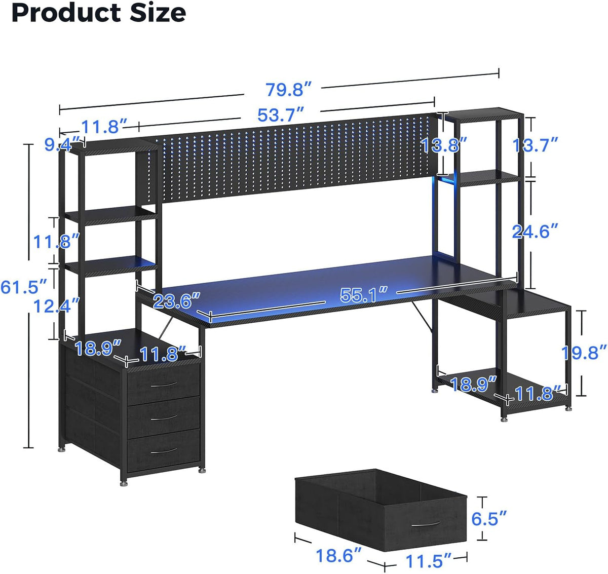 AODK 79 Inch Gaming Desk with Shelves & DIY Pegboard, PC Desk with Drawers