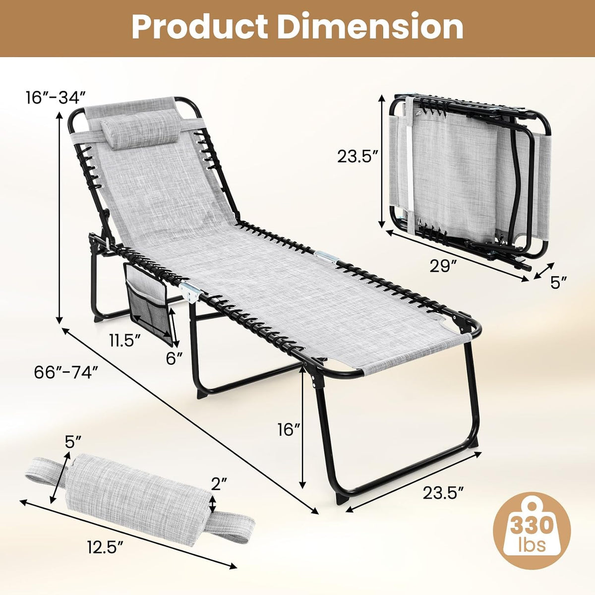 GYMAX Lounge Chairs for Outside, Extra High Folding Beach Tanning Lounger wit...