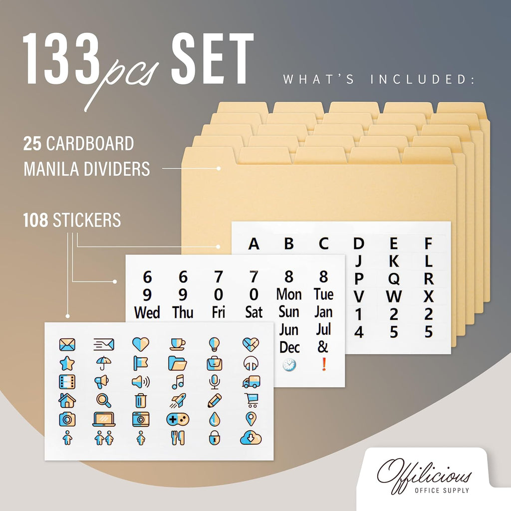 4x6 Index Card Dividers with Tabs, Recipe Card Box Organizer Dividers 4 x 6 | 25 Heavyweight 4x6 Dividers With Tabs and 108 Alphabet & Monthly Stickers for Photo Box, Recipe Box & Index Card Storage