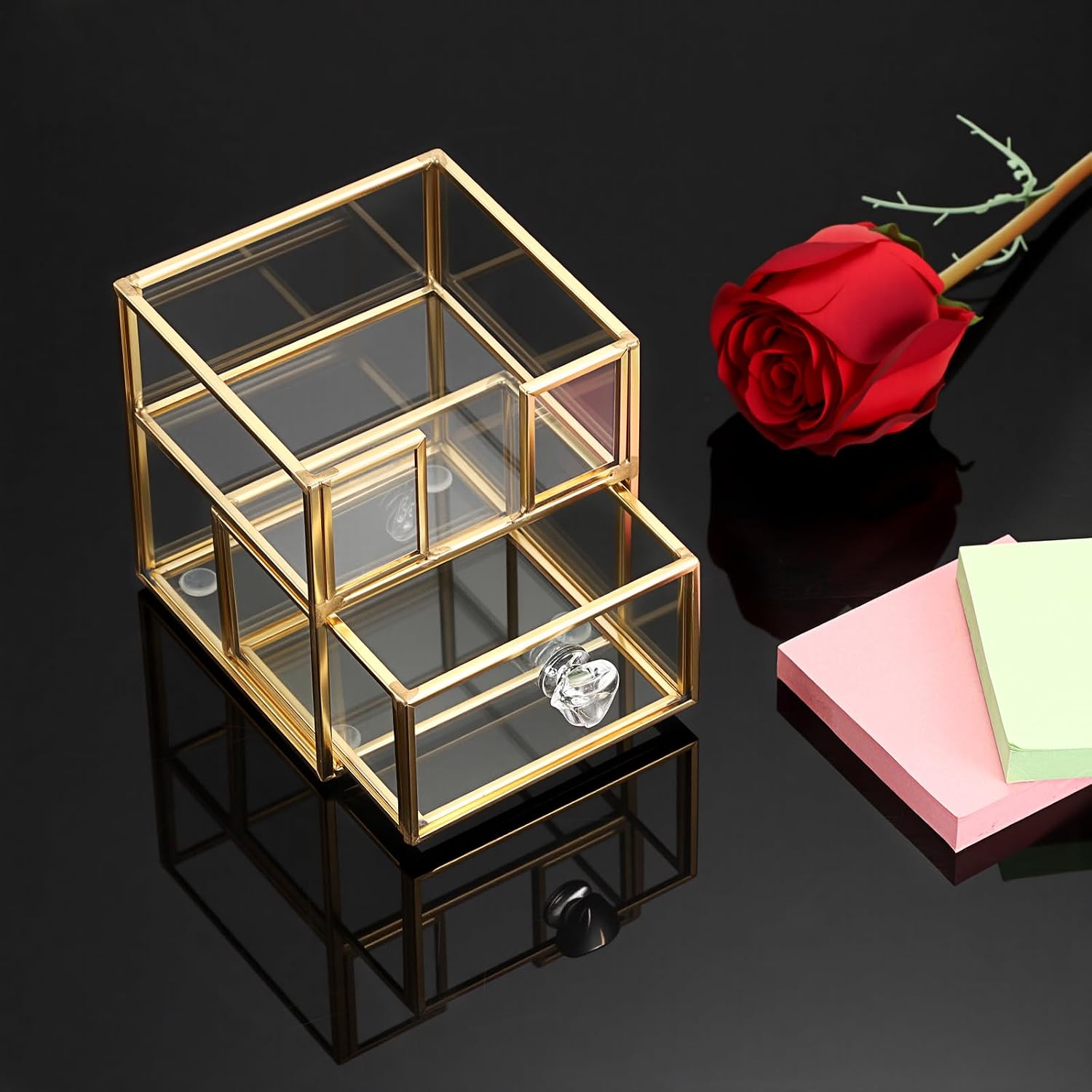 BTSKY Golden Glass 3x3 Inch Sticky Note Holder with Drawer, Elegant Post It Note Dispenser with Non-Slip Pads Clear Notepad Holder for Desk Organization Planning, Home Office Decor