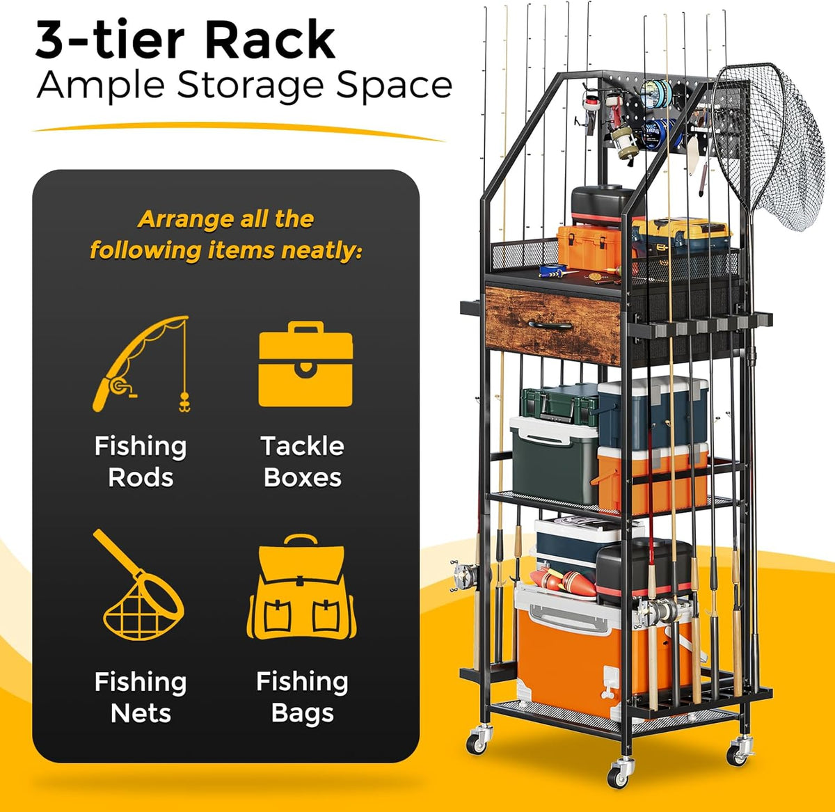 Fishing Rod Holder Organizer with Fabric Drawer & Pegboard
