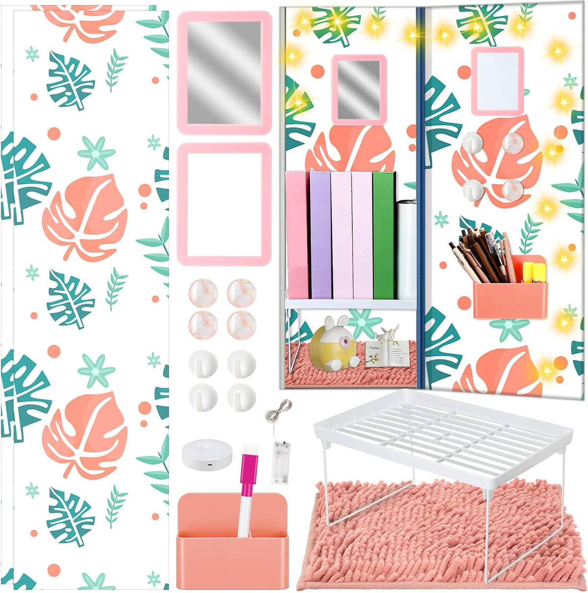 Chuangdi 17 Pcs Locker Accessories and Organizer Kit, Pink Lines