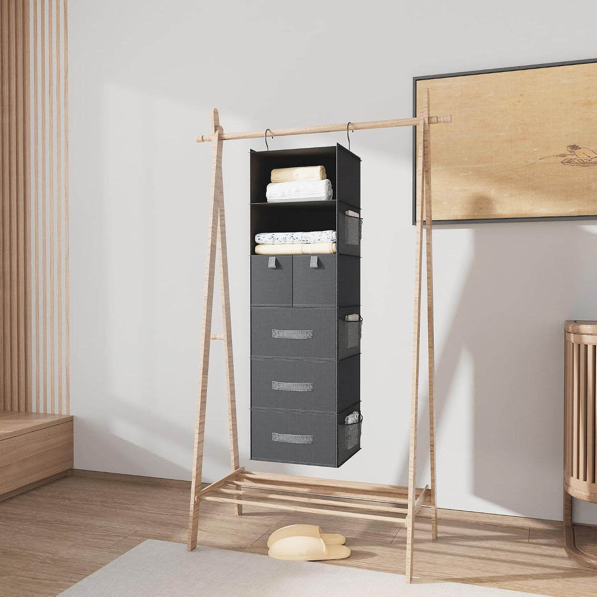 6-Shelf Hanging Closet Organizer with 5 Drawers, Non-Woven, Dark Gray