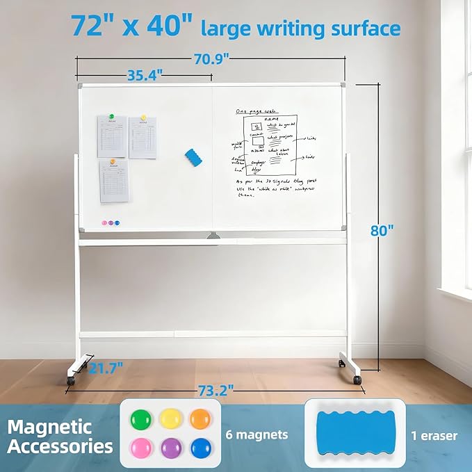 VOWNER Double-Sided Magnetic Whiteboard, Reversible Rolling White Board - Image 2