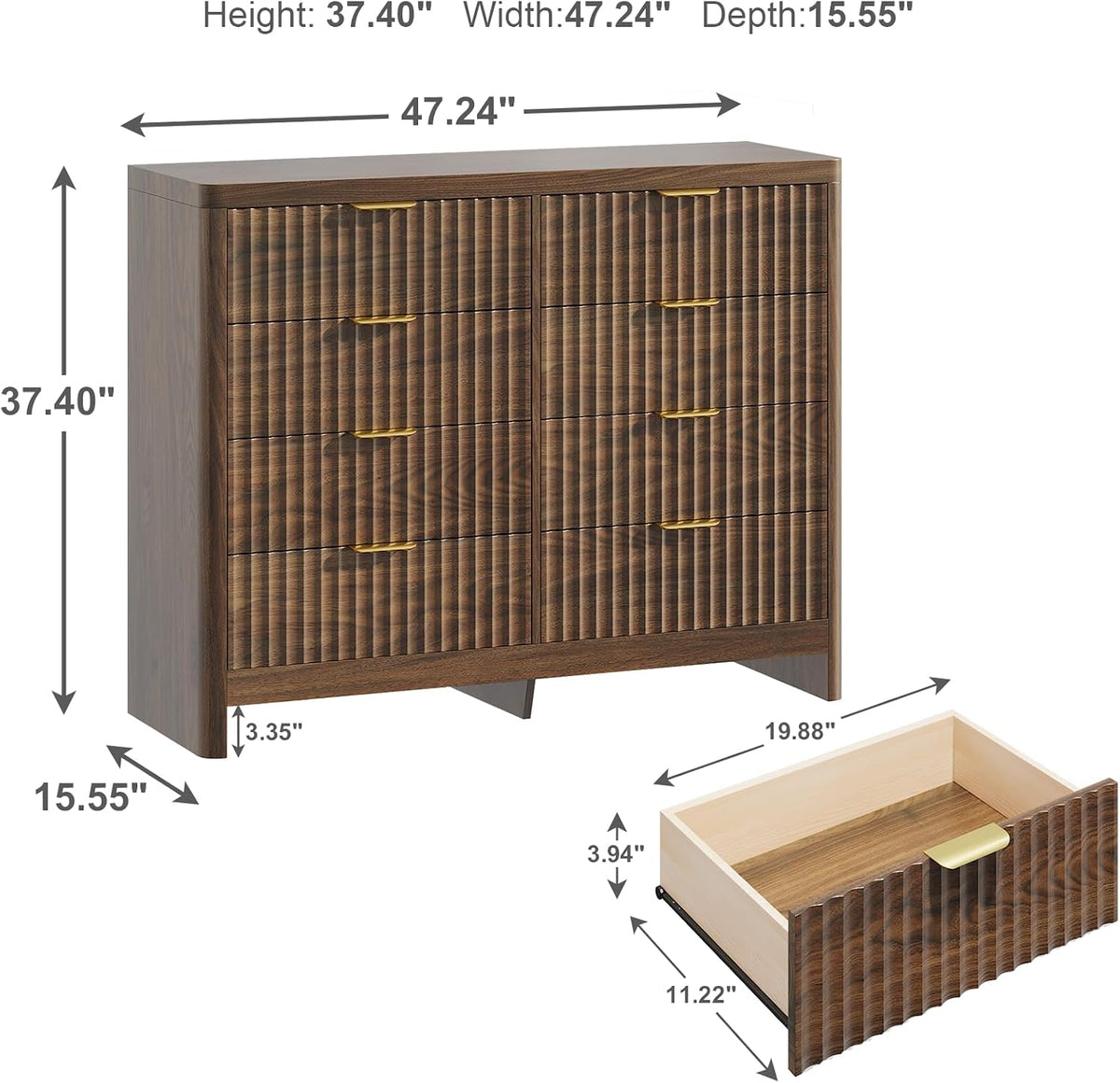 Fluted 8 Drawer Dresser for Bedroom, 47" Wide Modern Chest of Drawers wi...