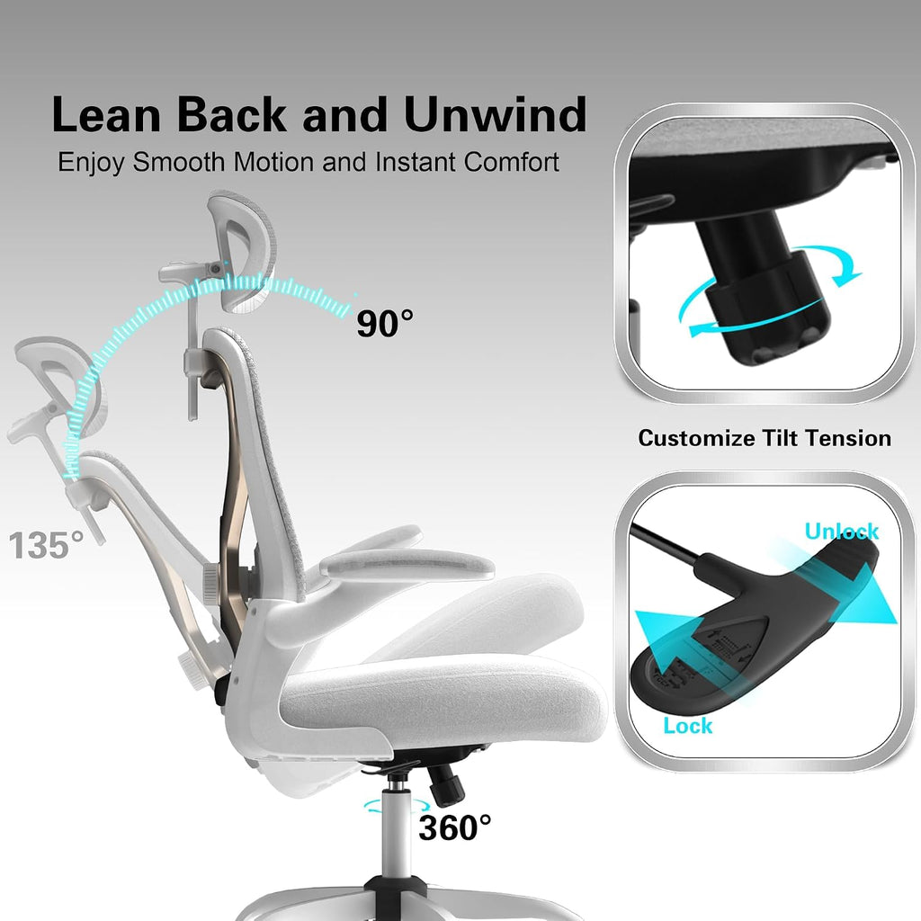 Ergonomic Office Chair for Back & Neck Pain Relief, Virgin Foam Seat, 2D Adjustable Lumbar & 3D Headrest, Tilt & Rock for Relaxation, Ideal for Long Sitting Comfort, White/Gold