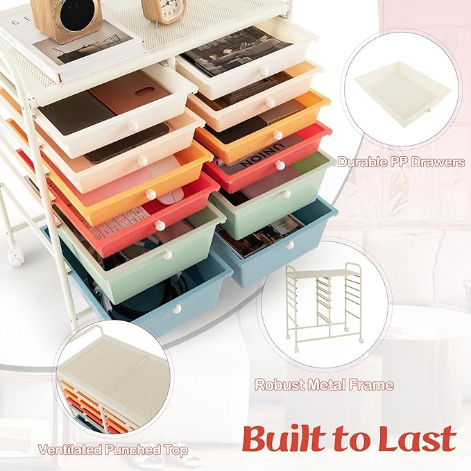 LDAILY 12 Drawer Rolling Storage Cart, Craft Cart Organizer on Wheels w/Metal - Image 7