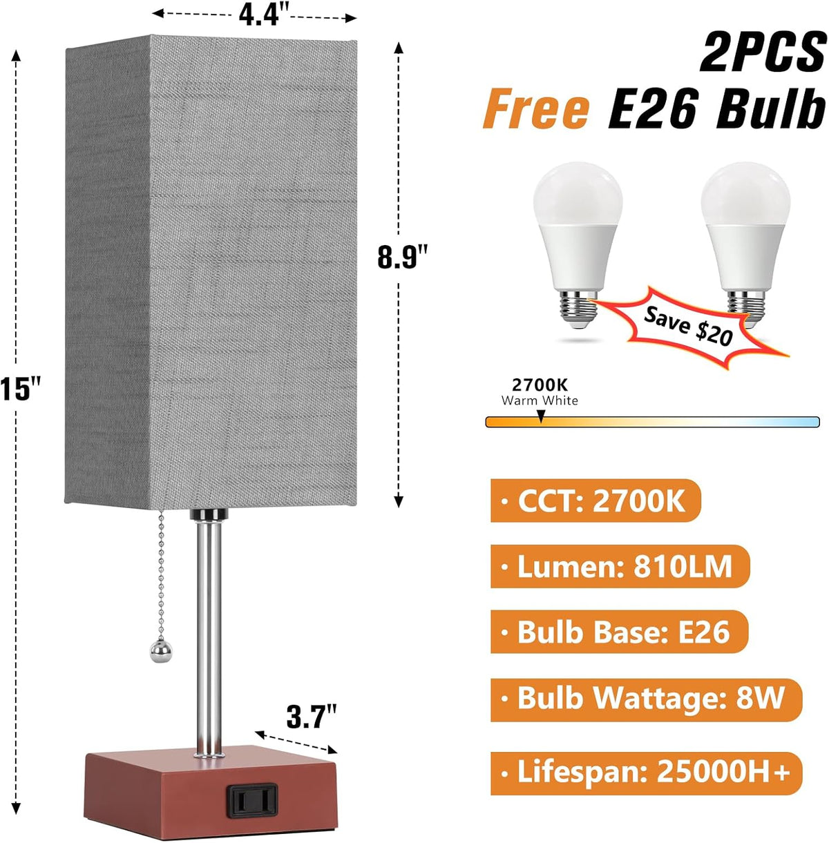 PLMMY Bedside Table Lamp for Bedroom Nightstand, 3 Color Pull Chain Nightstan...
