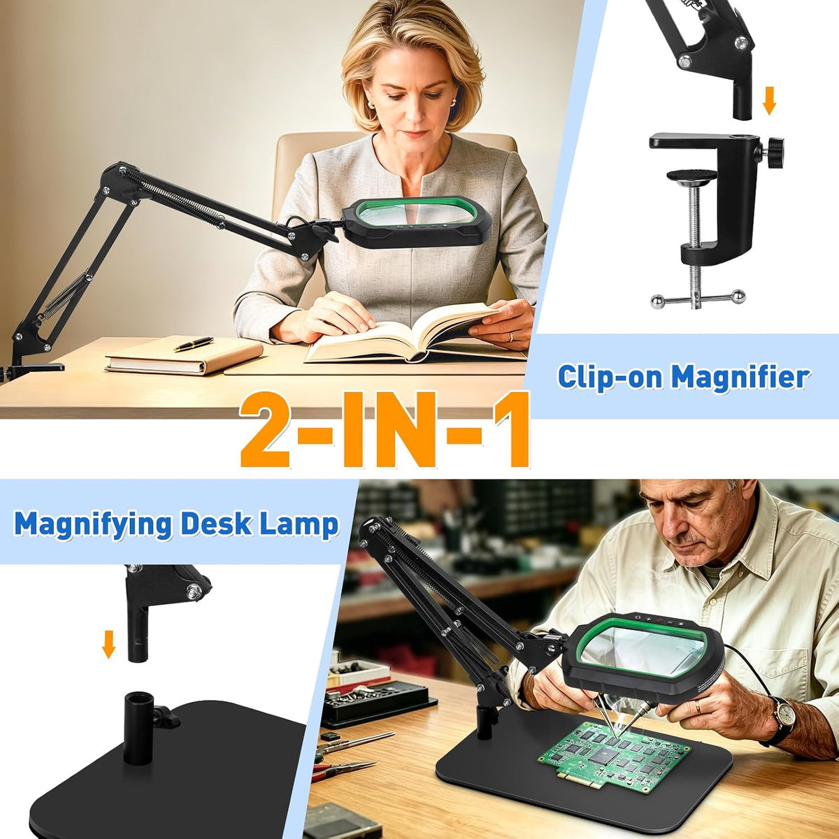 12X Square Magnifying Glass with Light and Stand, 2-in-1 Hands-Free