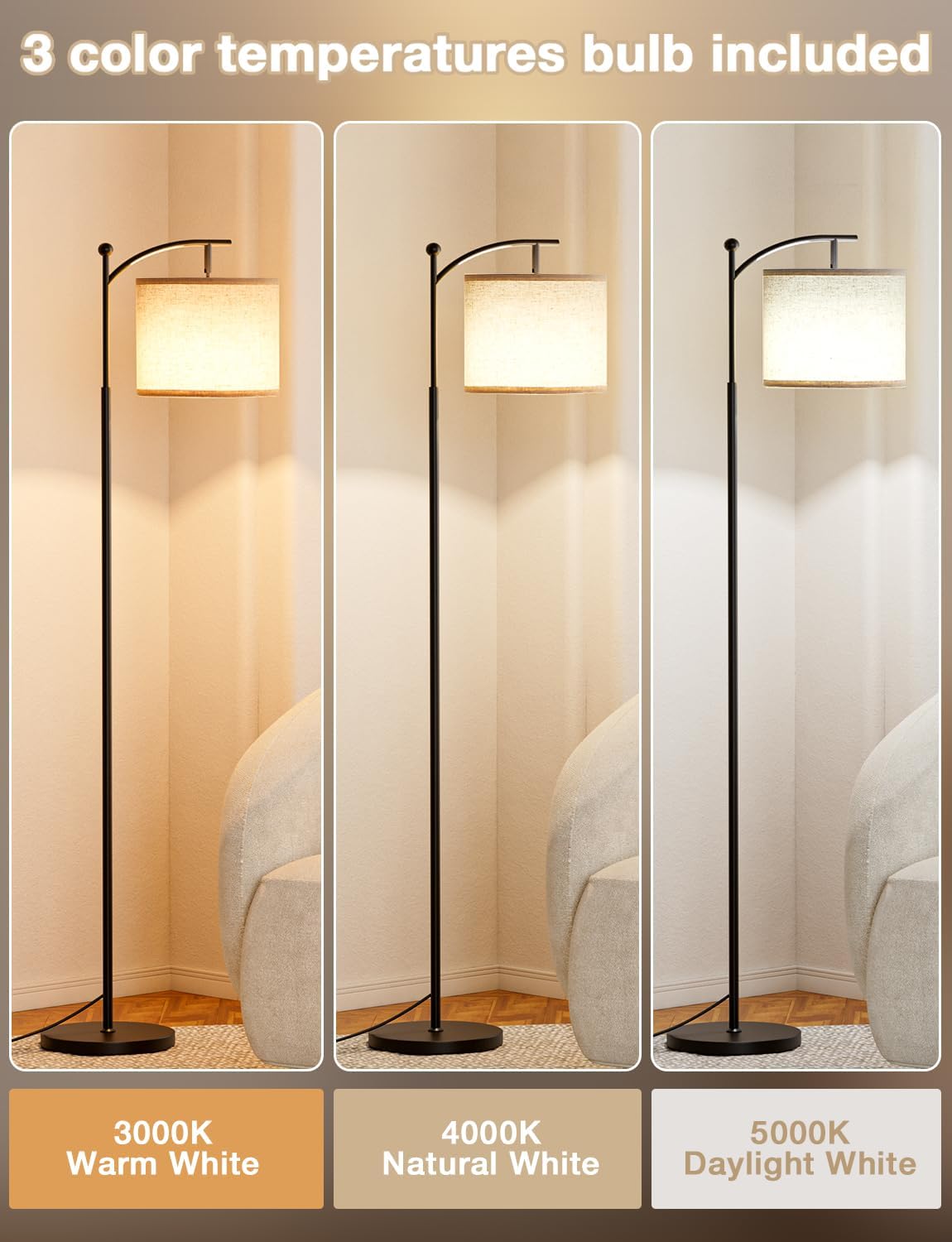 ambimall 60" modern floor lamp with beige shade shown in use