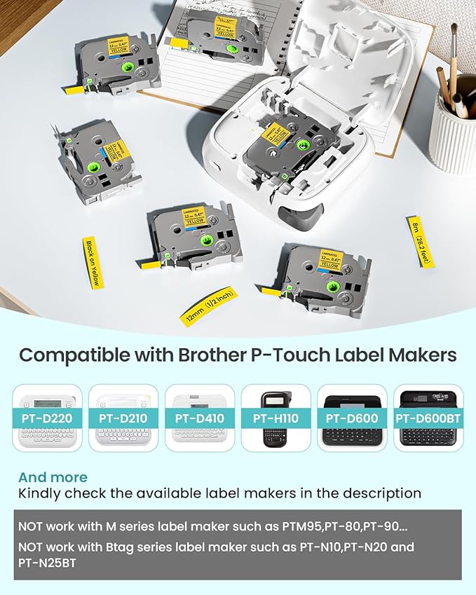 2-Pack Label Maker Tape 12mm 0.47" Yellow Replacement - Image 2