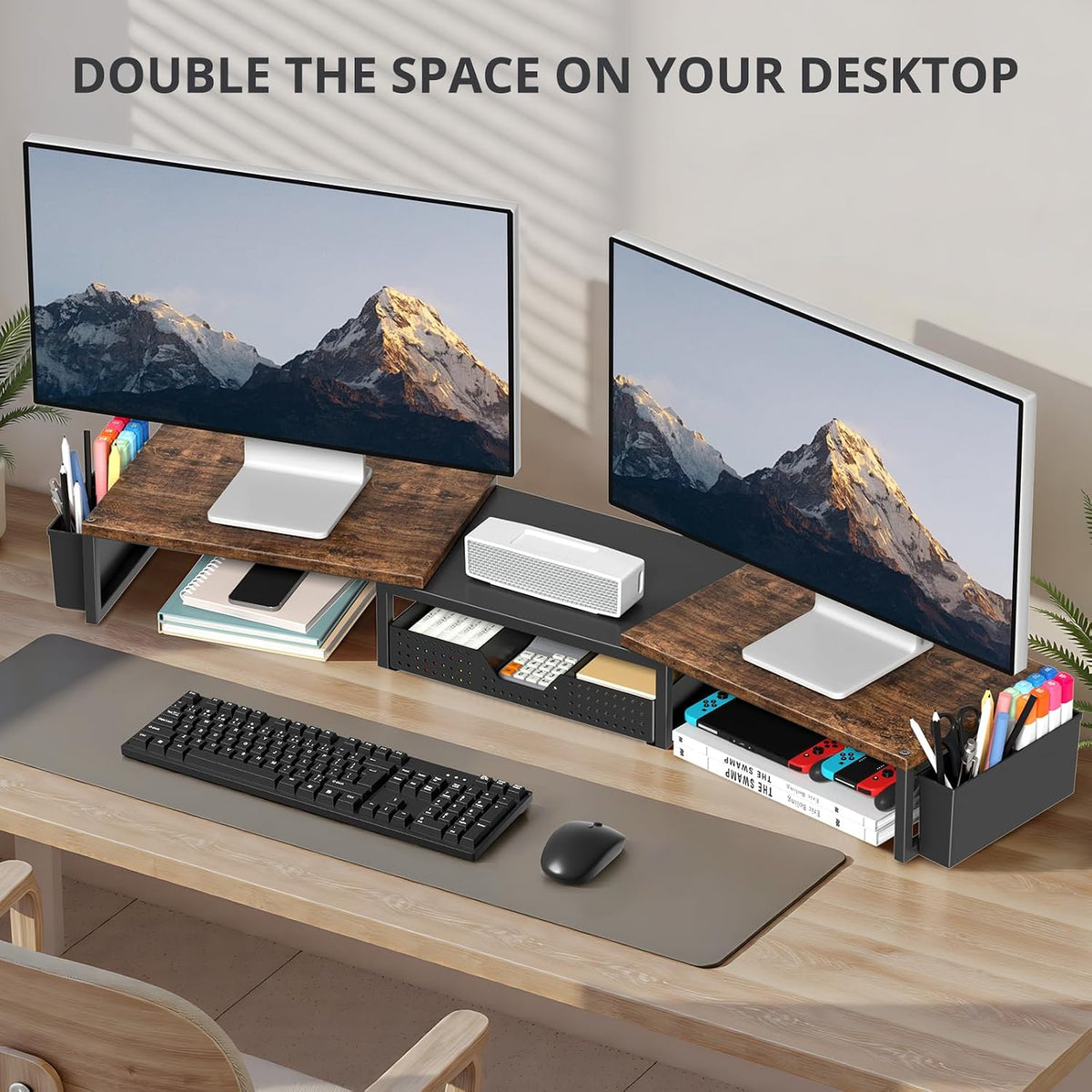 opnice desk organizers and accessories, dual monitor stand, close-up detail