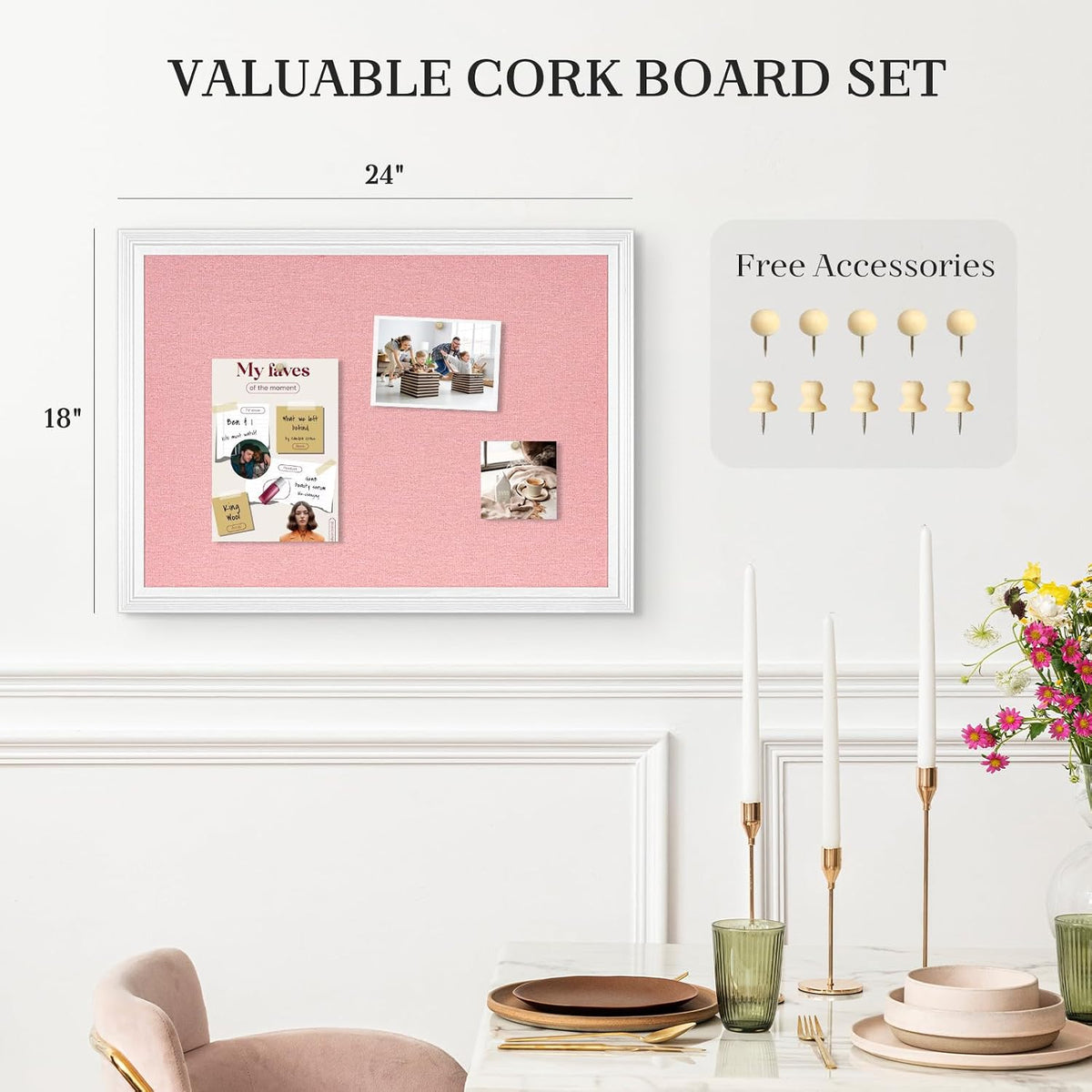 Large Wood Framed Cork Board with Linen, 24" x 18" (Pink)