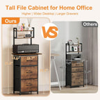 Snughome 3 Drawer Tall File Cabinet with 19.7'' Extended Desktop, 3-Tier Filing Cabinet for Home Office 51.6''H Vertical File Cabinet Printer Stand with Drawers, Fits A4/Letter/Legal,Rustic Brown