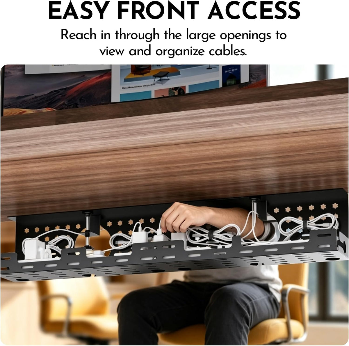 Under Desk Cable Management Tray, 32.6 in, No Drill Cable Organizer, Black