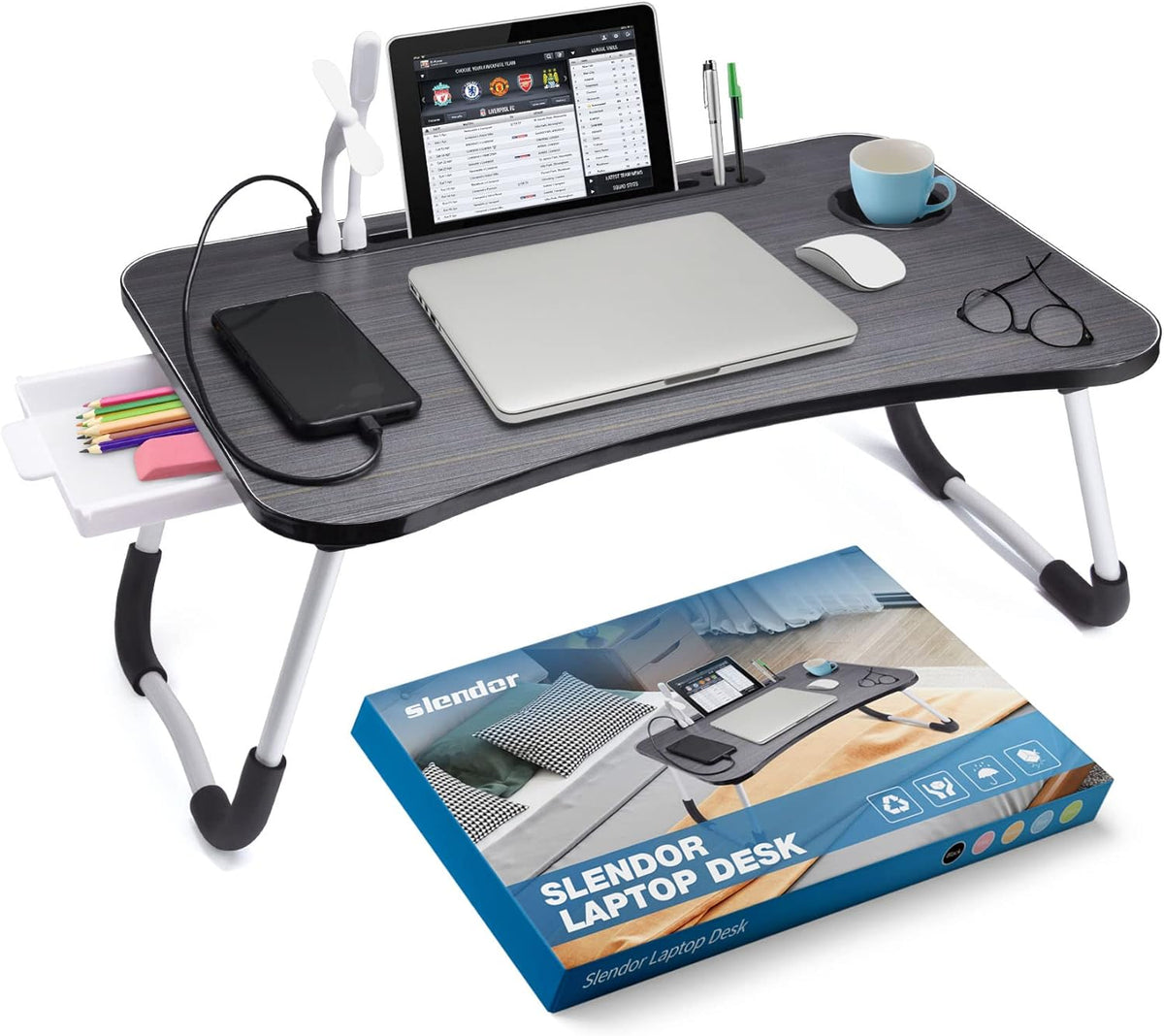 Slendor Bed Desk for Laptop and Writing with Storage, Cup Holder, Light