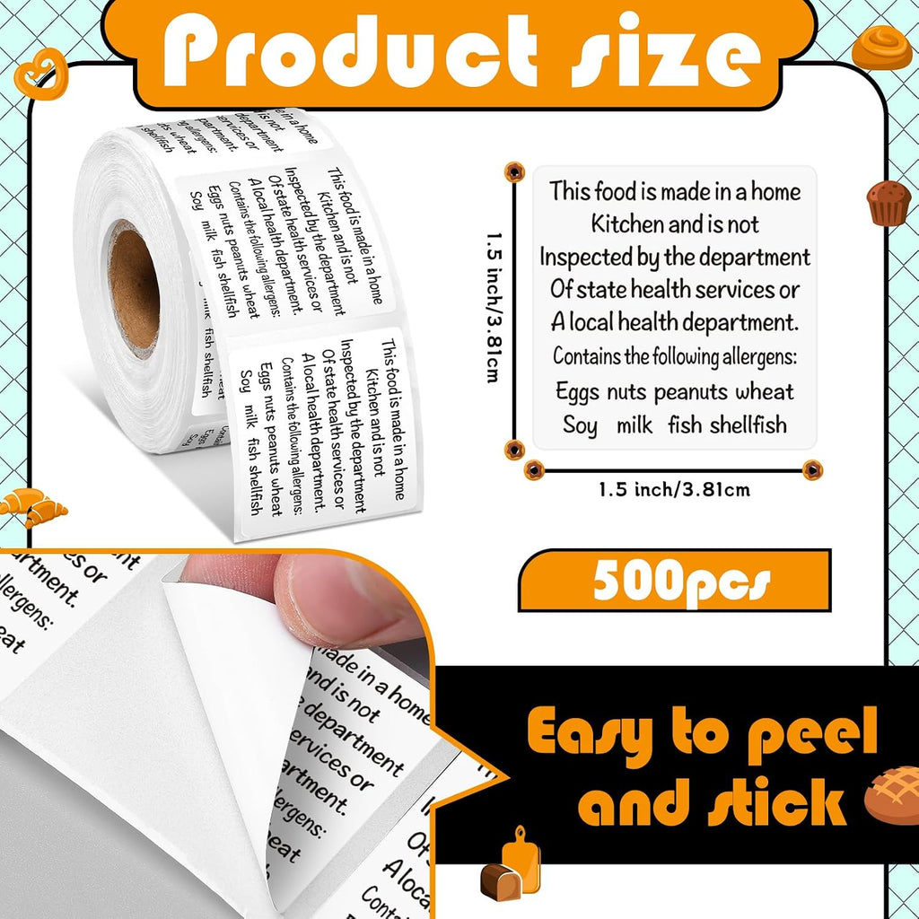 500 White 1.5" Cottage Food Allergy Warning Homemade Stickers | Square Bakery Labels For Baked Goods, Thermal Made In A Home Kitchen Sticker, Sourdough Bread Cookie Ingredient Sticker