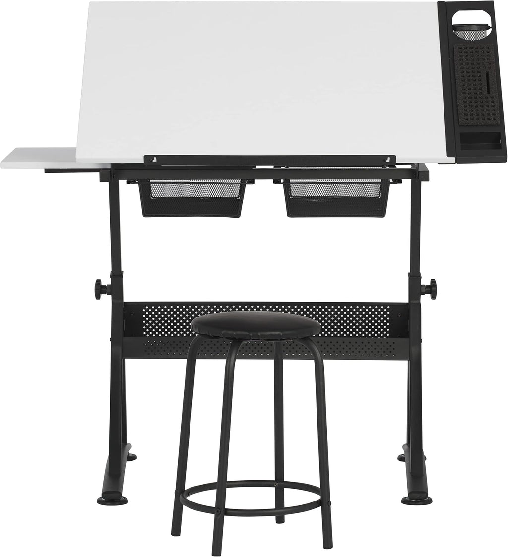 Fusion Drafting Table with Stool, Height Adjustable Desk with Tilt Top, Charcoal / White