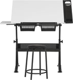 Fusion Drafting Table with Stool, Height Adjustable Desk with Tilt Top, Charcoal / White