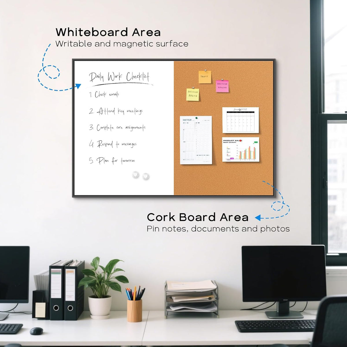 Magnetic Dry Erase White Board & Cork Board Combo, 36"x24", Wal...