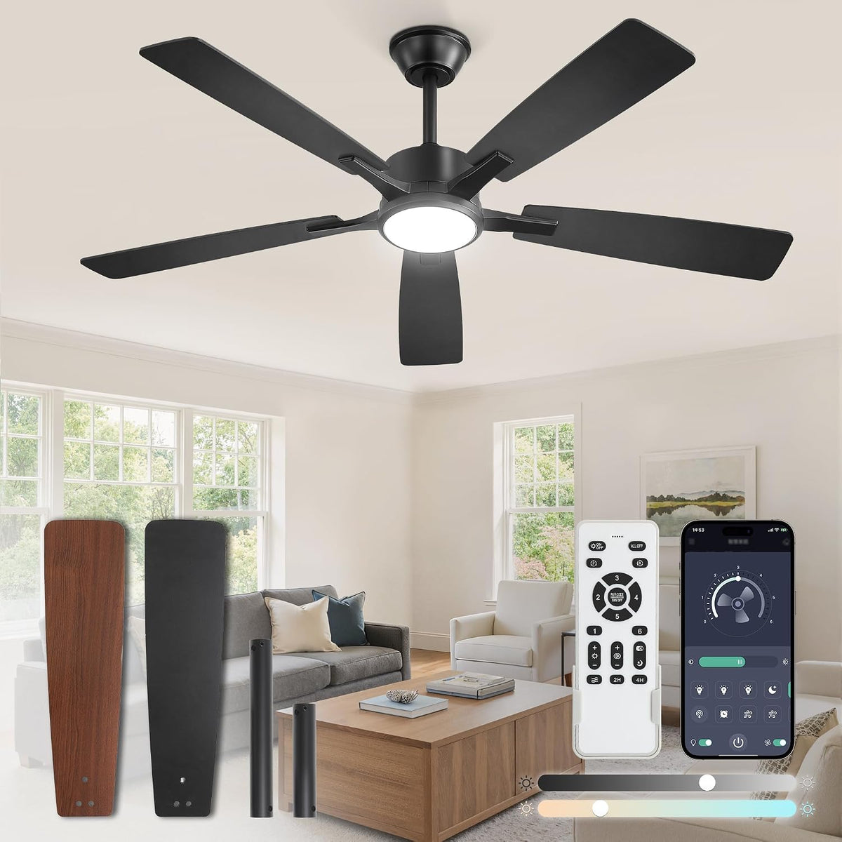 fanbulous 52 inch ceiling fans with lights, black, main product view