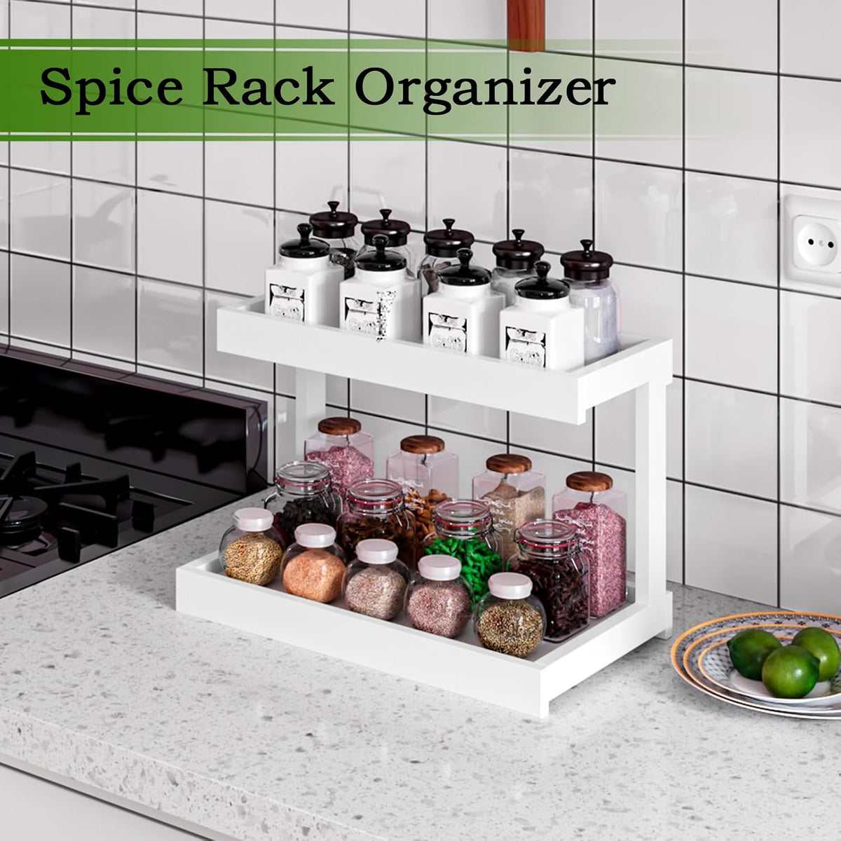 MARTY Counter Shelf Organizer, 2 Tier Spice Rack for Countertop, White