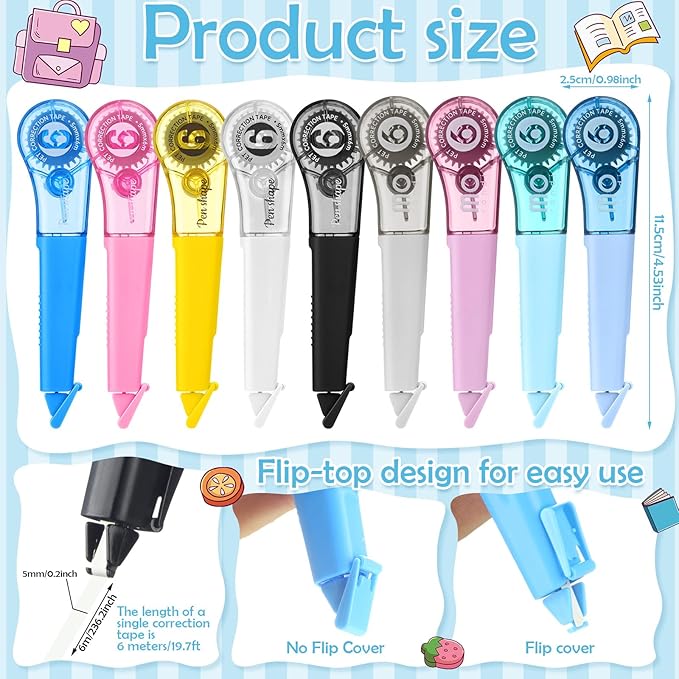 auroray 18 Pack Correction Tape Pens 1/5" X 236", 9 Color Correction Tape Pens - Image 2