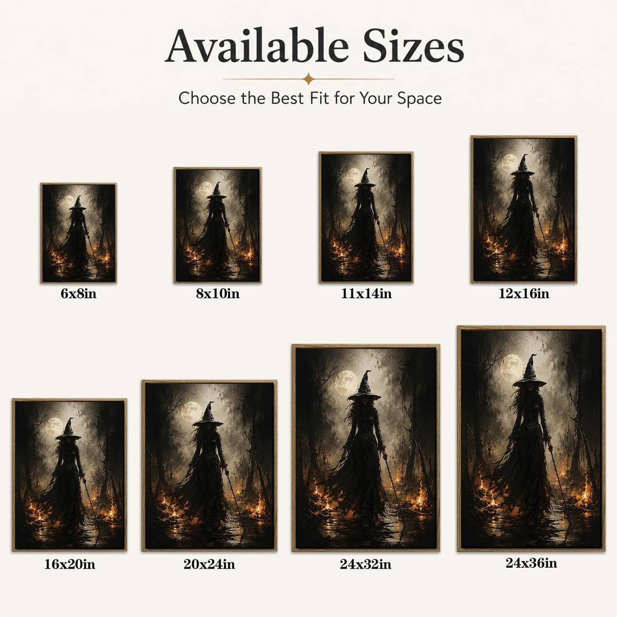Halloween Framed Wall Art, Dark Witch in Moonlit Forest Halloween Pictures