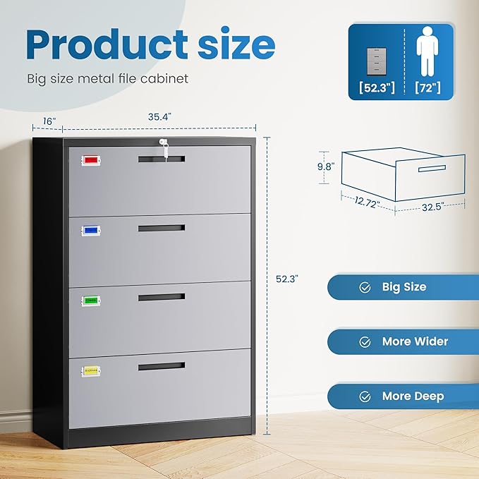 PEUKC 4 Drawer File Cabinet, Lateral Filing Cabinets - Image 2