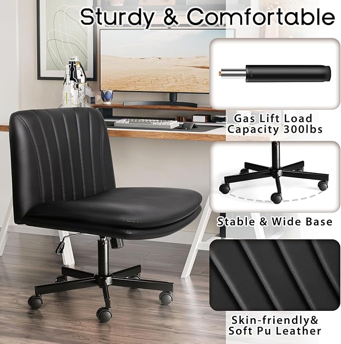 PUKAMI Criss Cross Chair with Wheels, PU Leather Armless Cross Legged Office - Image 6