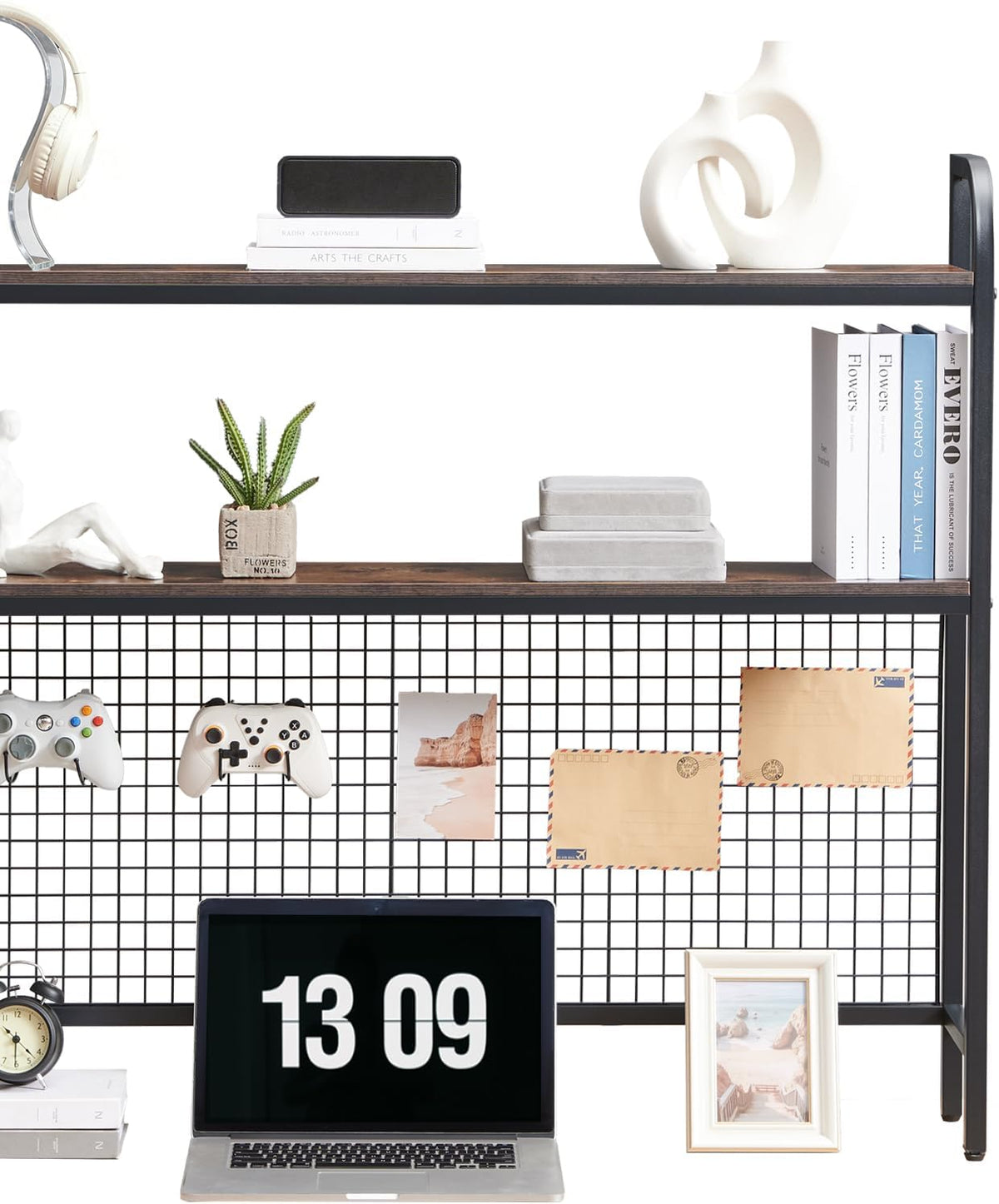 Desk Shelf, 45.3” Desktop Organizer Shelf with Grid Panel and Hooks, Desk Hut...