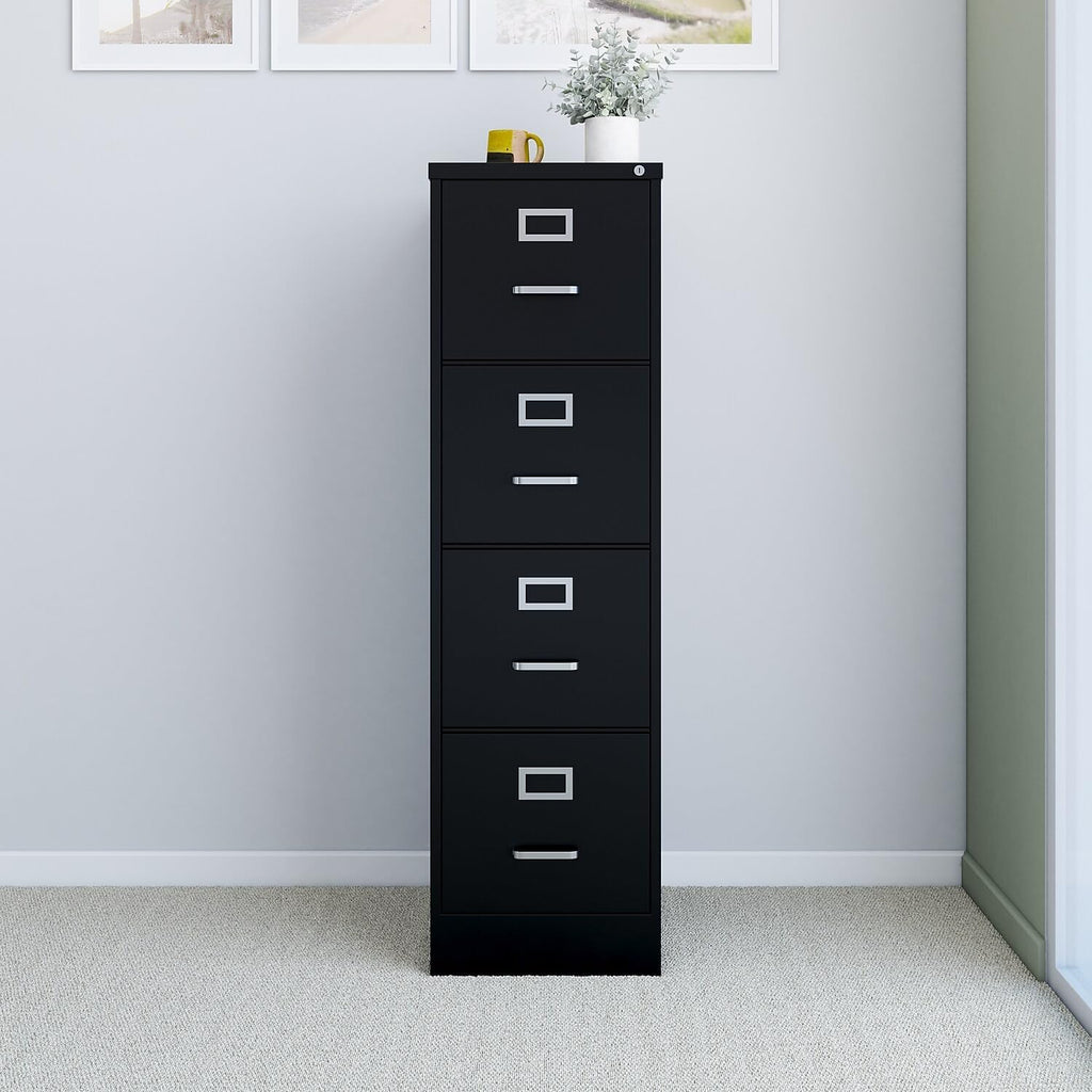 staples 4-drawer vertical file cabinet, letter/legal, locking, black shown in use