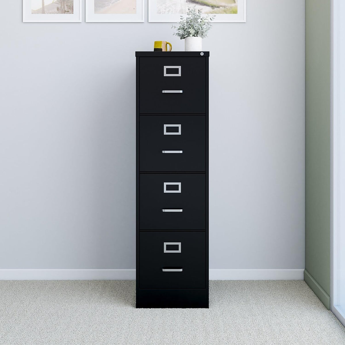 staples 4-drawer vertical file cabinet, letter, lockable, black shown in use
