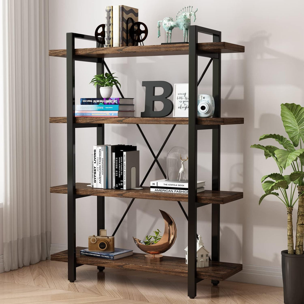 4 Tier Bookshelf Solid Wood Bookcase and Book Shelves Wood and Metal Shelving
