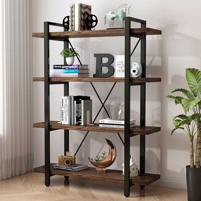4 Tier Bookshelf Solid Wood Bookcase and Book Shelves Wood and Metal Shelving by AY-AOYUAN
