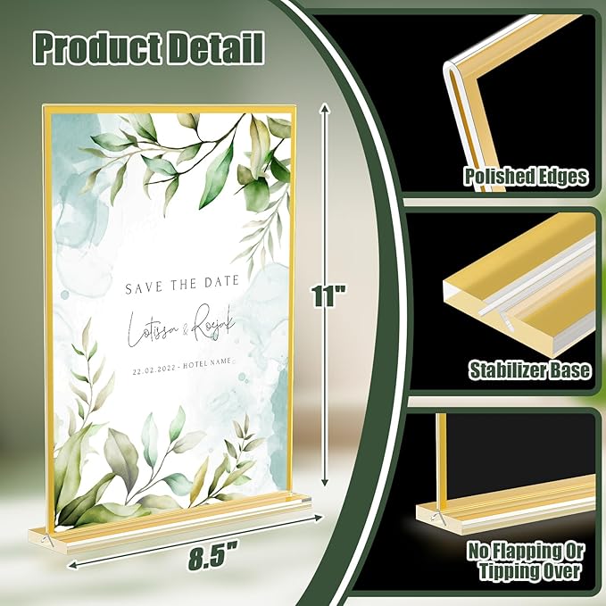 Acrylic Sign Holder 8.5 x 11, 9 Pack Clear Sign Holder Double Sided Gold Table - Image 2