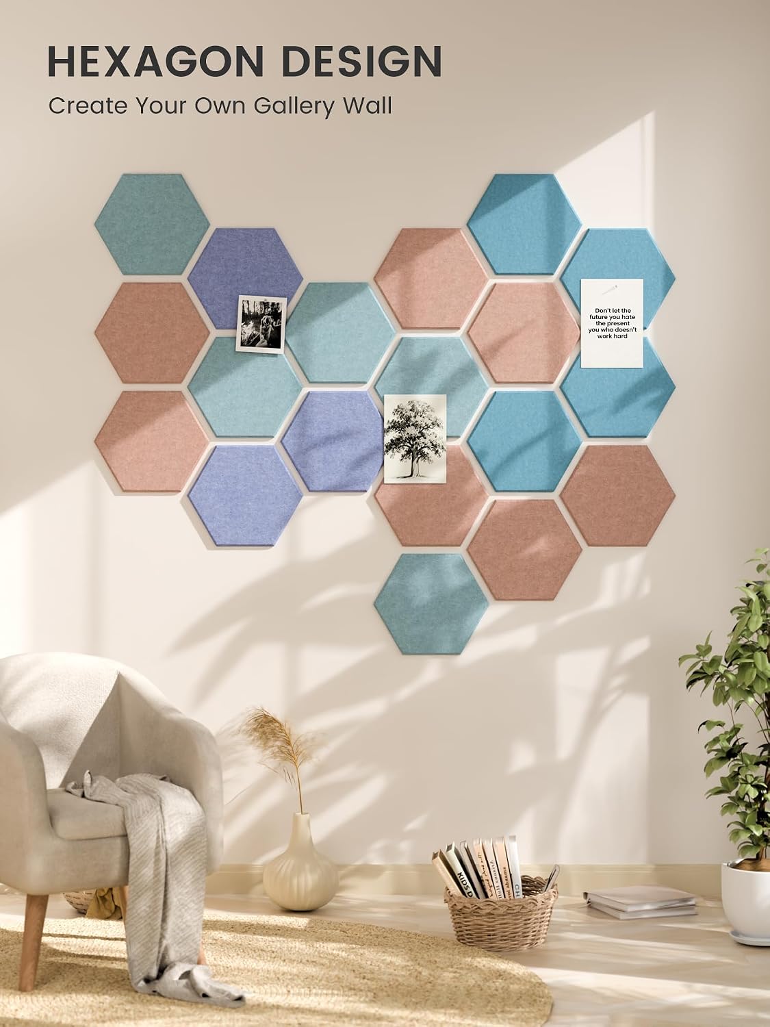 Fluxynara 12-Pack Hexagon Felt Bulletin Board Tiles, Coastal Haze-1