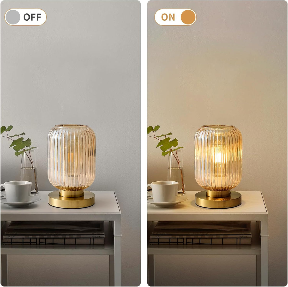 Amber Glass Table Lamp,Vintage Gold Base Ribbed Bedside Lamp