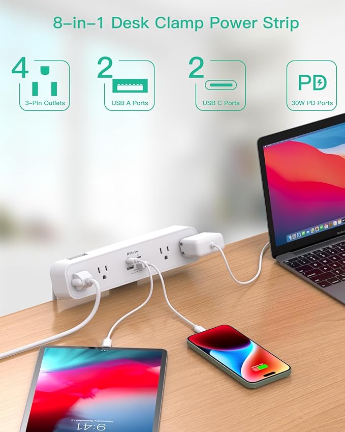 PD30W Desk Clamp Power Strip, Desktop Mount Surge Protector, Fast Charging - Image 3