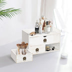 wood desk organizer with drawer, white wooden desktop, front angle view
