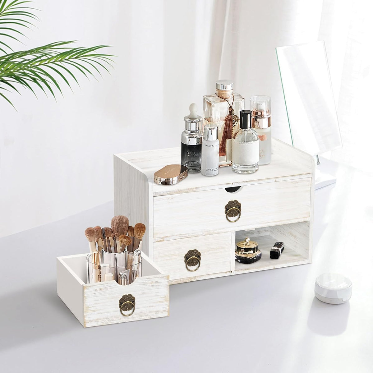 wood desk organizer with drawer, white wooden desktop, front angle view