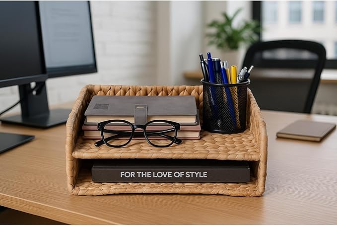 PINXIURY 2-Tier Water Hyacinth Letter Tray – Woven Paper & Mail Organizer - Image 4