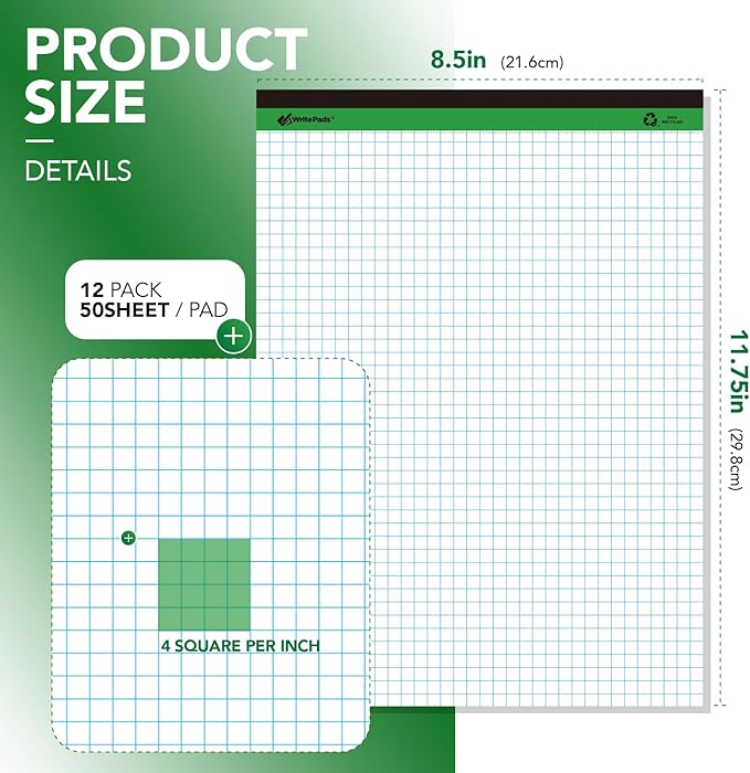 KAISA Graph Paper Legal Pads Writing Pads Recycled Paper 8.5"x11.75" Quad Ruled - Image 2